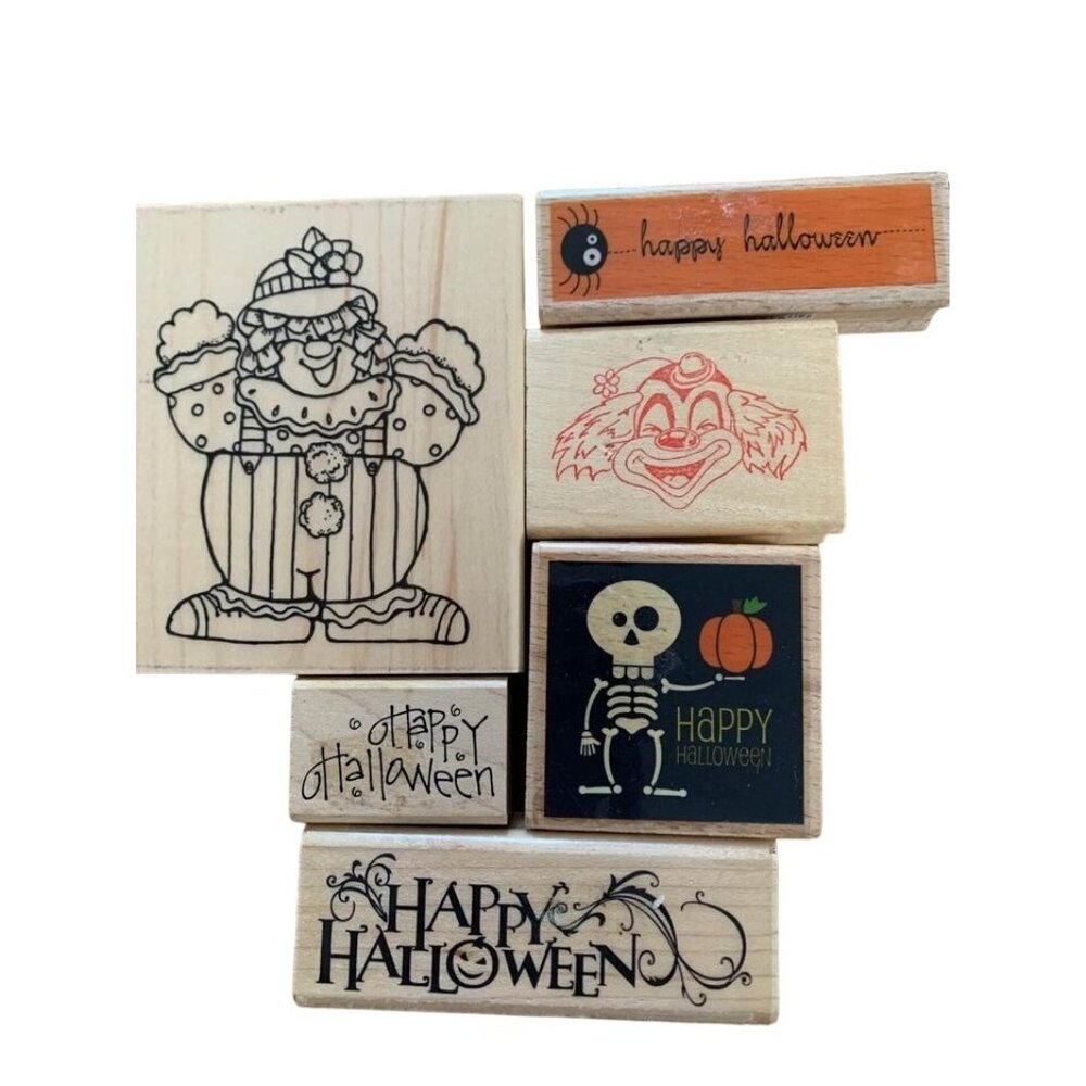 Wooden Halloween Stamp Set Skeleton Clown Spider Pumpkin & Happy Halloween Desig